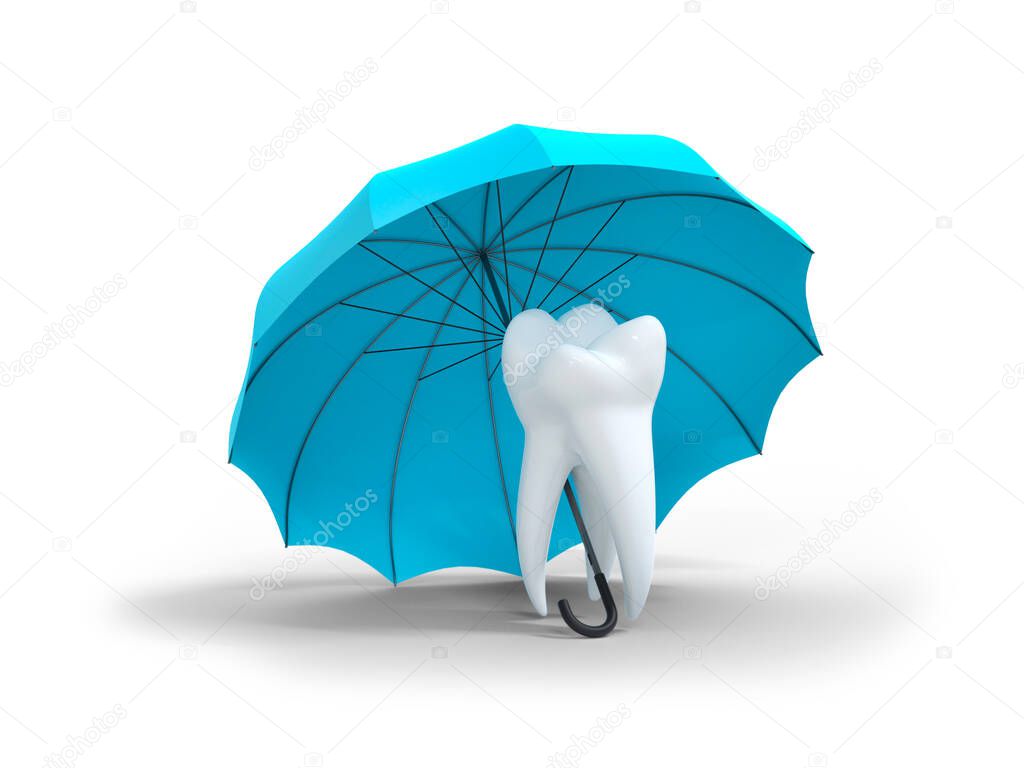 White healthy tooth under a blue umbrella on a white background. Dental care, dentist clinic, stomatology medicine concept. 3d illustration