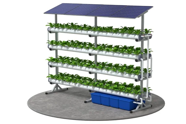 Güneş panelleri olan dikey hidroponik çiftliği. Besleyici bir çözelti içinde bitki ve sebze yetiştirmek için hidrofonik sistem. 3d illüstrasyon