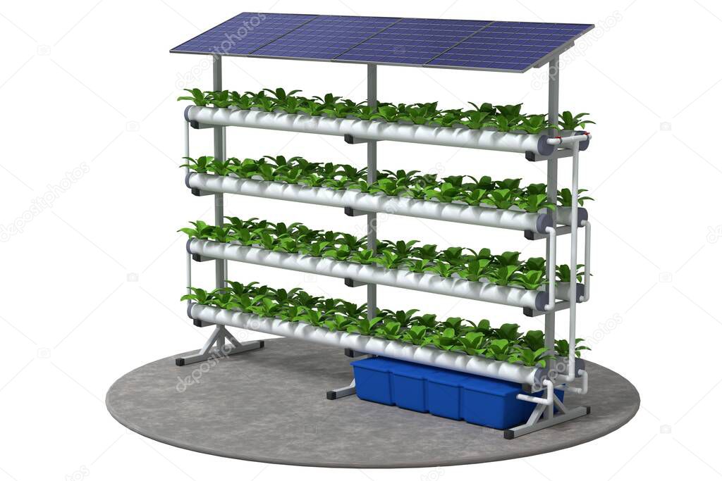 Vertical hydroponics farm with solar panels. Hydroponic system for growing plants and vegetables in a nutrient solution. 3d illustration