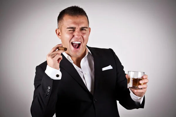 Elegant young man with a cigar and cognac — Stock Photo, Image