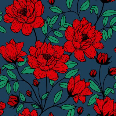 Kırmızı çiçeklerle kusursuz desen. Vektör illüstrasyonu