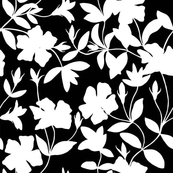 Çiçekler ve yapraklarla kusursuz desen, siyah ve beyaz vektör çizimi