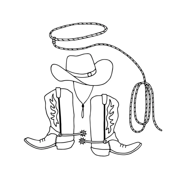 Conjunto Botas Vaquero Sombrero Lazo Cuerda Ilustración Vectorial Aislado Sobre — Archivo Imágenes Vectoriales