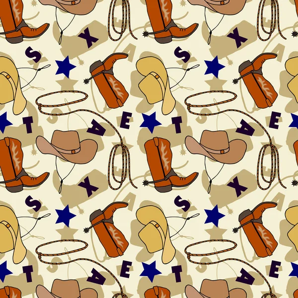 Patrón Sin Costuras Botas Vaquero Sombreros Lazo Cuerda Ilustración Vectorial — Archivo Imágenes Vectoriales
