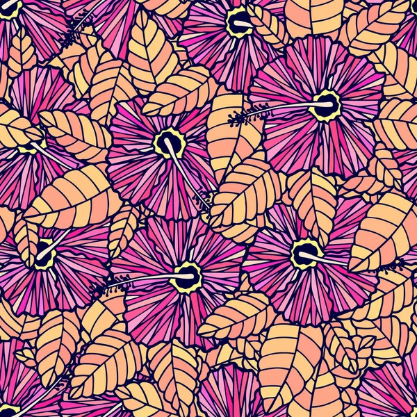 Flores Decorativas Hibisco Patrón Sin Costuras Ilustración Vectorial — Archivo Imágenes Vectoriales
