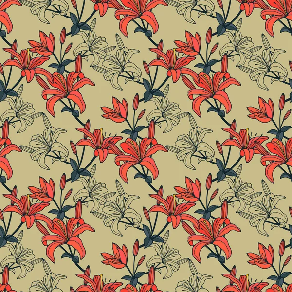 Lily Flowers Seamless Pattern Vector Illustration — Stockvektor