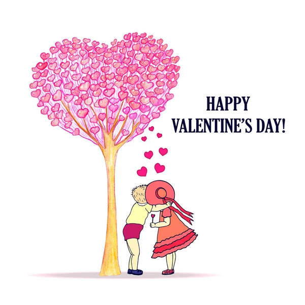 Feliz Dia Dos Namorados Cartão Árvore Corações Menino Beija Menina — Fotografia de Stock