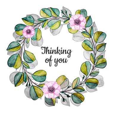 Seni düşünüyorum- kart. Yapraklardan ve şakayık çiçeklerinden yuvarlak çerçeve.