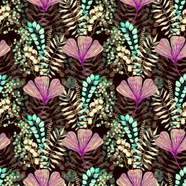 Ginkgo 'nun kusursuz deseni ve okaliptüs yapraklı bir daldan. Suluboya çizimi. 