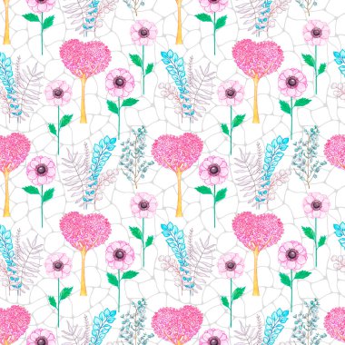 Kusursuz dallar, yapraklar ve kalpli ağaçlar. Suluboya çizimi. 