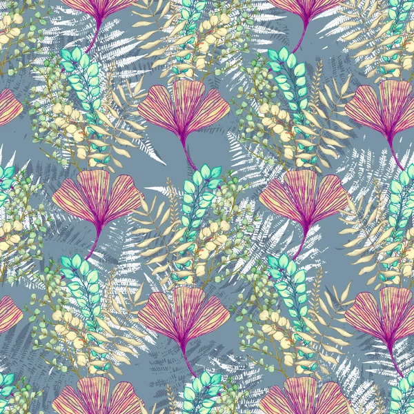 Seamless pattern of Ginkgo and from a branch with eucalyptus leaves. Watercolor illustration. 