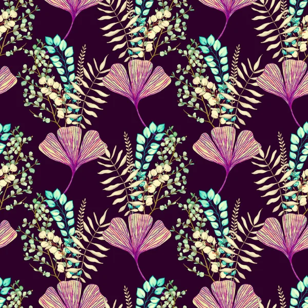 イチョウやユーカリの葉を持つ枝からのシームレスなパターン 水彩画 — ストック写真