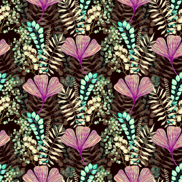 Seamless pattern of Ginkgo and from a branch with eucalyptus leaves. Watercolor illustration. 