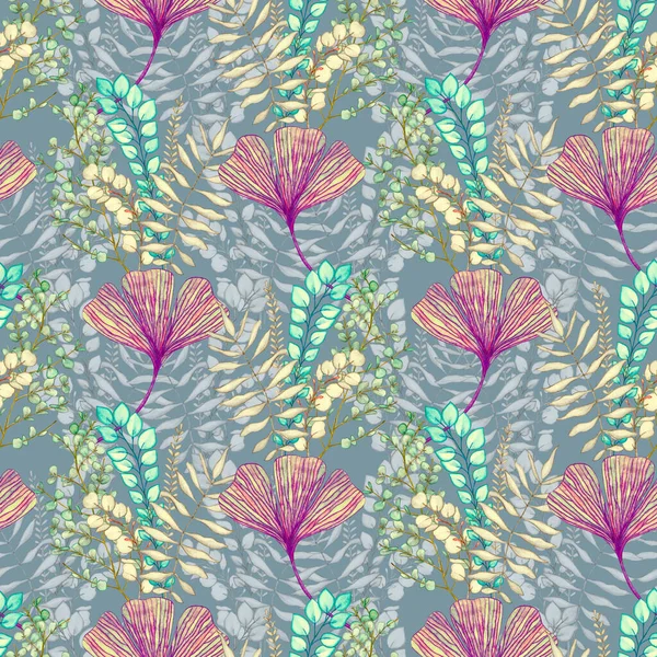 Nahtloses Muster Aus Ginkgo Und Einem Zweig Mit Eukalyptusblättern Aquarellillustration — Stockfoto