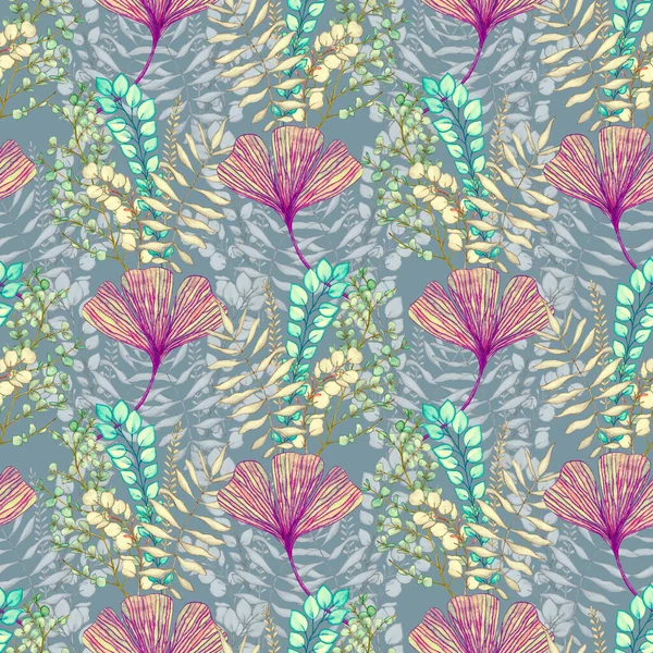 Seamless pattern of Ginkgo and from a branch with eucalyptus leaves. Watercolor illustration. 