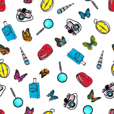 Bavullar, büyüteçler, kameralar, dürbünler. Suluboya çizimi