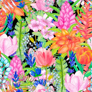 çiçekler, suluboya çizimi ile Seamless Modeli 