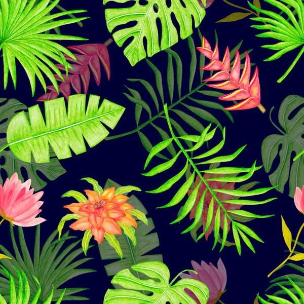 Płynny Akwarelowy Wzór Tropikalnych Liści Monstery Liści Palmy Kwiatów — Zdjęcie stockowe