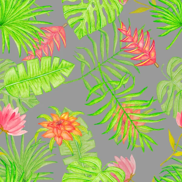 Seamless Watercolor Pattern Tropical Monstera Leaves Palm Leaves Flowers — Stock Photo, Image