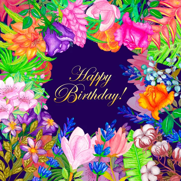 Χαρούμενη Κάρτα Γενεθλίων Πλαίσιο Από Λουλούδια Ακουαρέλας — Φωτογραφία Αρχείου