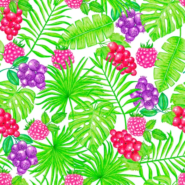 葉や果実のシームレスな熱帯パターン 水彩画 — ストック写真