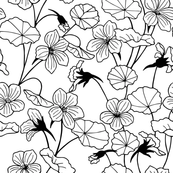 Seamless Pattern Nasturtium Plant Flowers Vector Stock Illustration Eps10 Outline — Stok Vektör
