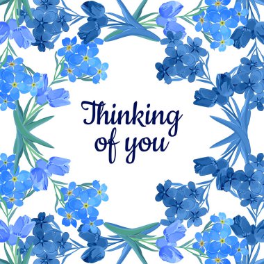 Yapraklı mavi bahar çiçeklerinin vektör çizimi, çiçek arkaplanı