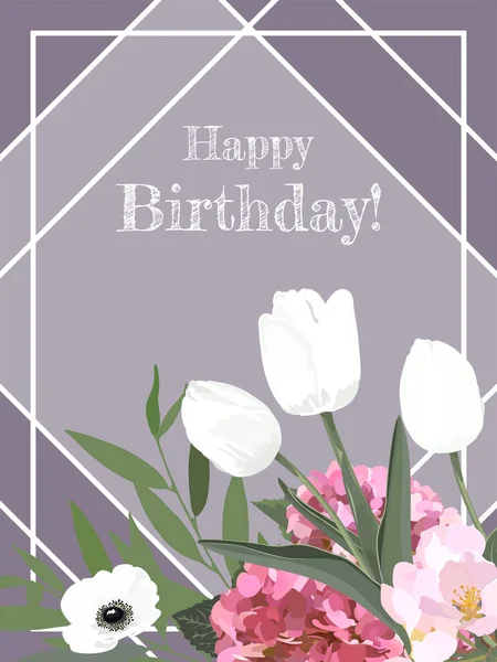 Happy Birthday Greeting Card Flowers Vector Illustration — Stock Vector