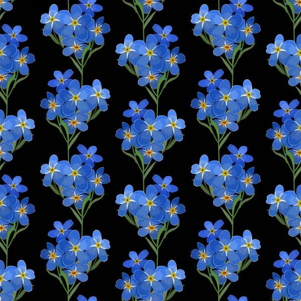 Αδιάλειπτη Μοτίβο Μπλε Λουλούδια Και Φύλλα Μαύρο Φόντο — Διανυσματικό Αρχείο