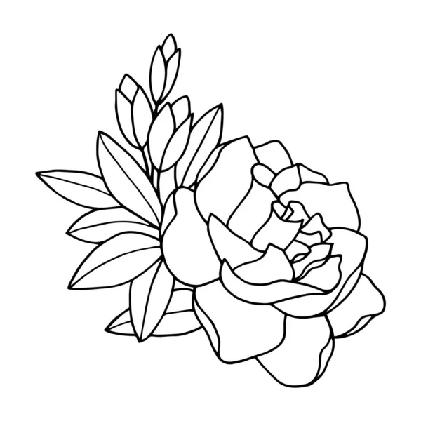 Schöne Blumen Mit Blättersymbol Auf Weißem Hintergrund Monochromer Stil Vektorillustration — Stockvektor