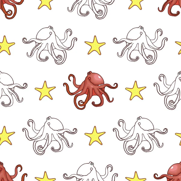 Elle çizilmiş deniz hayvanlarıyla kusursuz desen. vektör illüstrasyonu