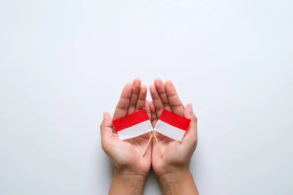 Hand Met Kleine Indonesische Nationale Vlag Onafhankelijkheidsdag Concept Tegen Witte — Stockfoto