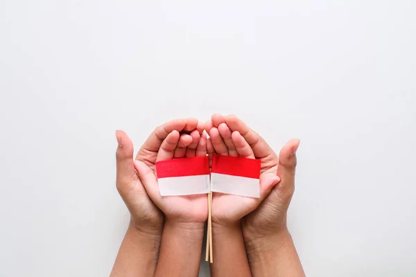 Mano Sosteniendo Pequeña Bandera Nacional Indonesia Concepto Del Día Independencia — Foto de Stock