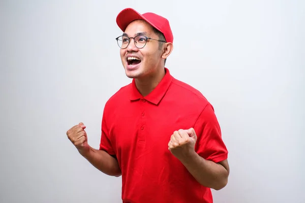 Asian Delivery Man Wearing Cap Standing Isolated Red Background Very — 스톡 사진