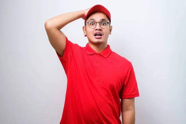 Young Handsome Delivery Man Wearing Glasses White Isolated Background Stressed — Zdjęcie stockowe