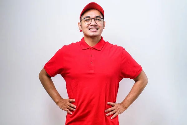 Close Confident Smiling Asian Male Courier Red Uniform Cap Smiling Stock Photo