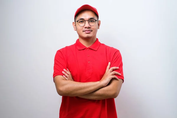 Close Confident Smiling Asian Male Courier Red Uniform Cap Smiling Royalty Free Stock Photos