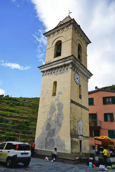 Bell Tower Church San Lorenzo Martire Manarola Cinque Terre Italy — стоковое фото