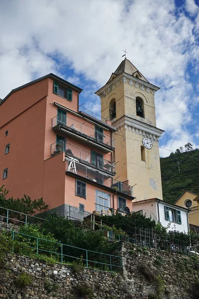 Campanario Iglesia San Lorenzo Manarola Cinque Terre Italia —  Fotos de Stock