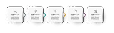 Vektör Modern bilgi şablonu. 5 seçenekli iş konsepti. Pazarlama simgeleriyle birlikte yaratıcı daire elemanları tasarımı. İçerik, diyagram, akış şeması, adımlar, parçalar, zaman çizelgesi bilgileri, iş akışı, grafik.
