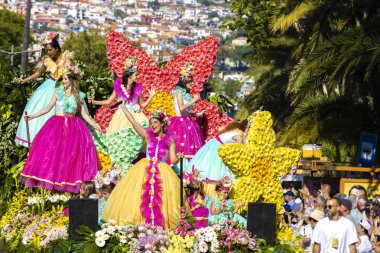 Funchal, Madeira - May 8, 2022: The famous Flower Festival (Festa da flor) in Madeira. The flower parade in Funchal.