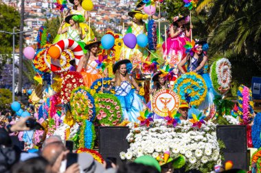 Funchal, Madeira - May 8, 2022: The famous Flower Festival (Festa da flor) in Madeira. The flower parade in Funchal.