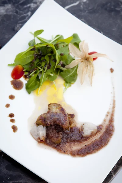 Foie gras met salade op wit bord — Stockfoto