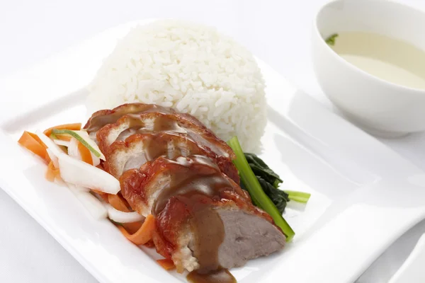 Roasted duck with rice and soup — Stock Photo, Image