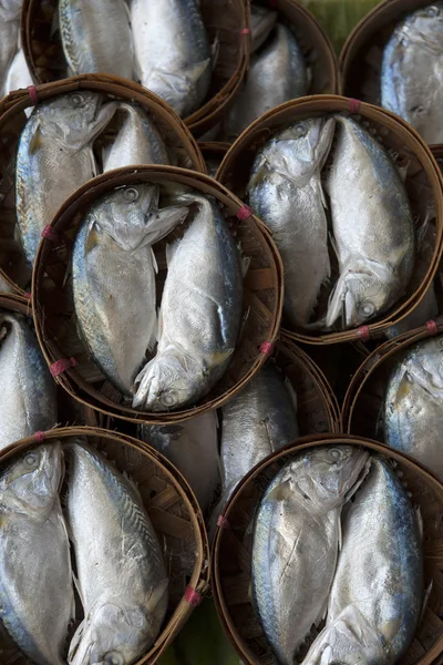 Streamed mackerel in bamboo basket — Stock Photo, Image