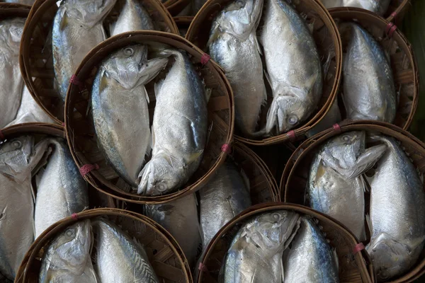 Streamed mackerel in bamboo basket — Stock Photo, Image