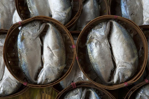 Streamed mackerel in bamboo basket — Stock Photo, Image