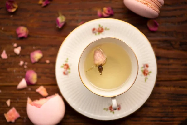 Чашка Розового Розового Чая Вид Сверху Стол — стоковое фото
