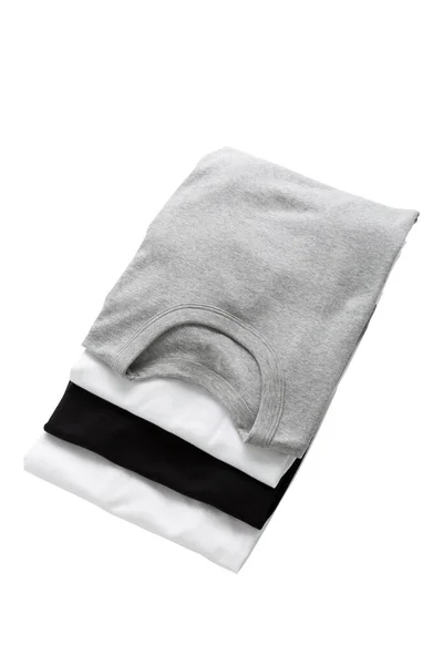 Camisetas Brancas Cinzentas Pretas Grupo Dobrado Sobre Fundo — Fotografia de Stock