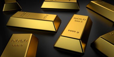 Altın külçeler yığılmış. 3d render.